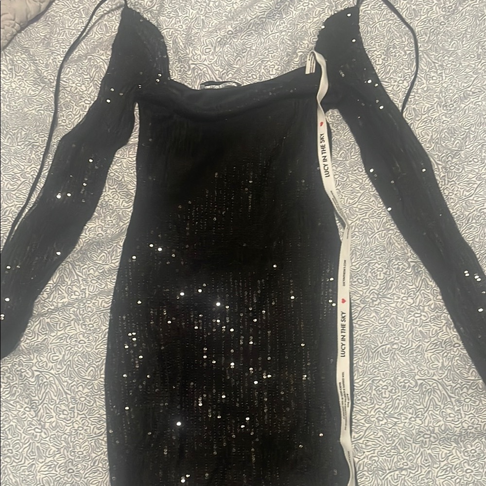 Lucy in the Sky Black Bodycon Mini Dress with Long Sleeves and Square Neck